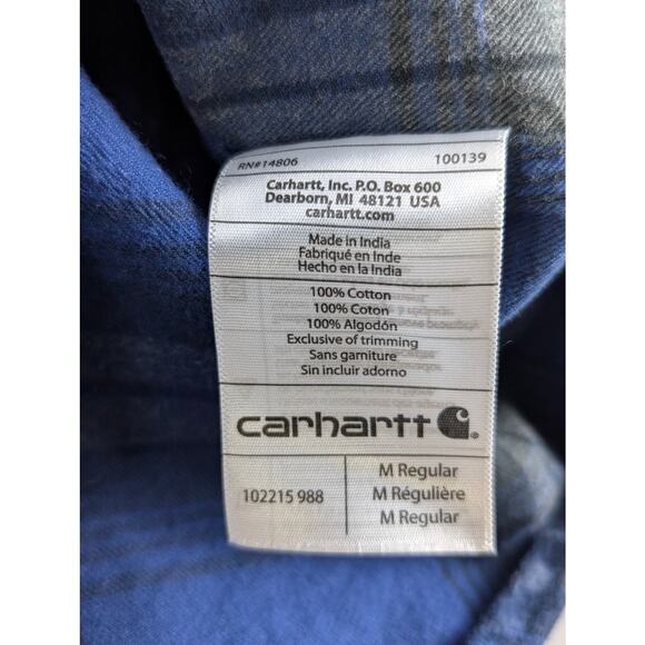 Carhartt Blue Plaid Flannel Mens Medium Regular Long Sleeve Button Up Shirt - Picture 7 of 9